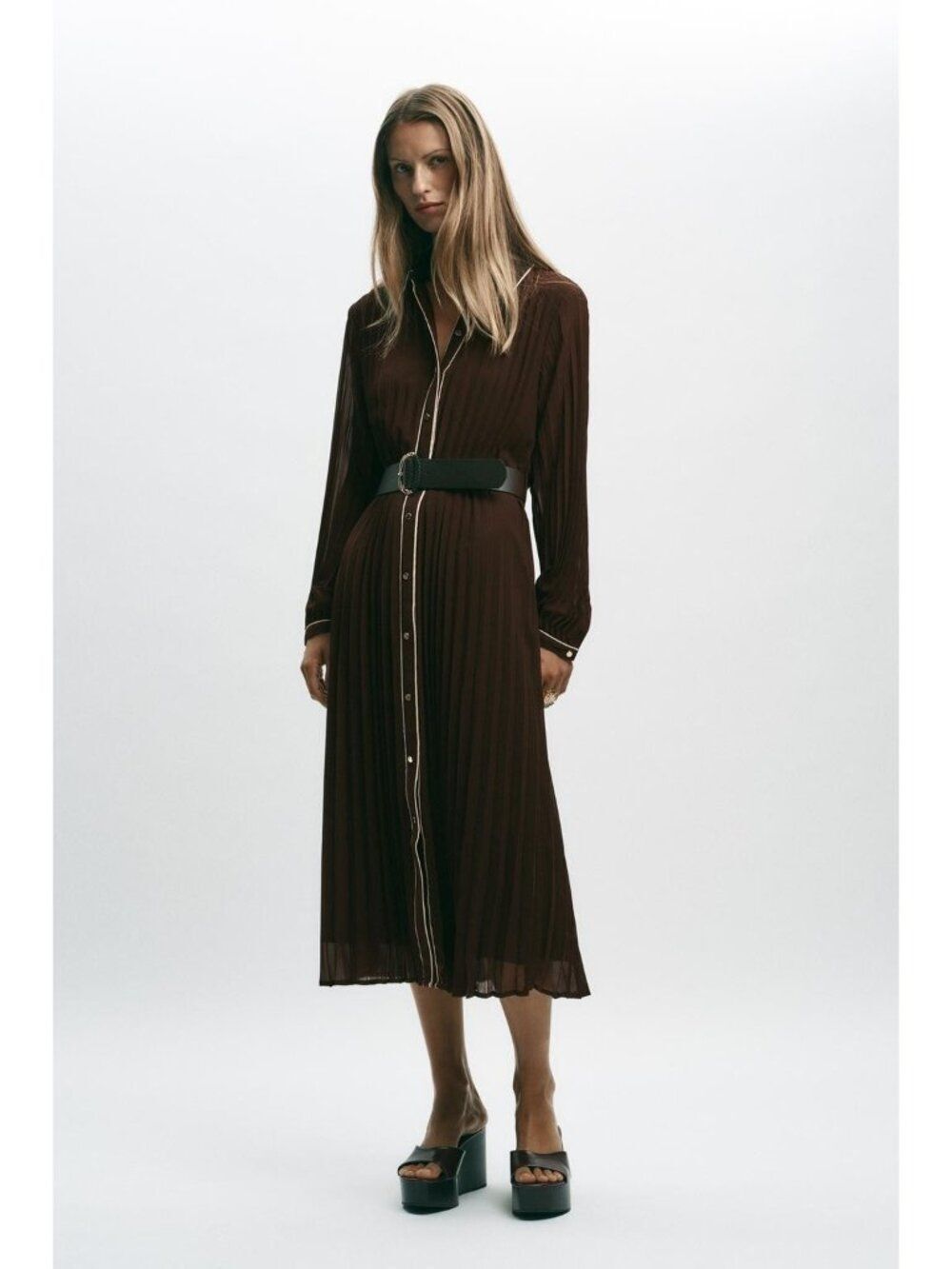 Zara Womens Belted Pleated Midi Dress Medium Brown Turn-Down Collar 4387/225 NWT